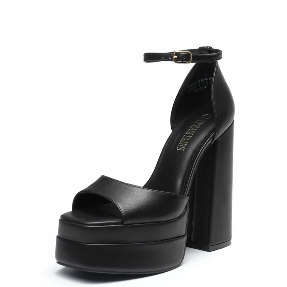 Olivia Ferragamo Black Square Peep Toe Platform Chunky Heel with Ankle Strap 7